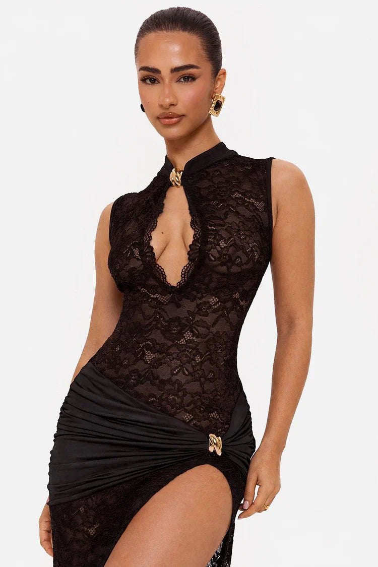 Lace Keyhole Dress - Black